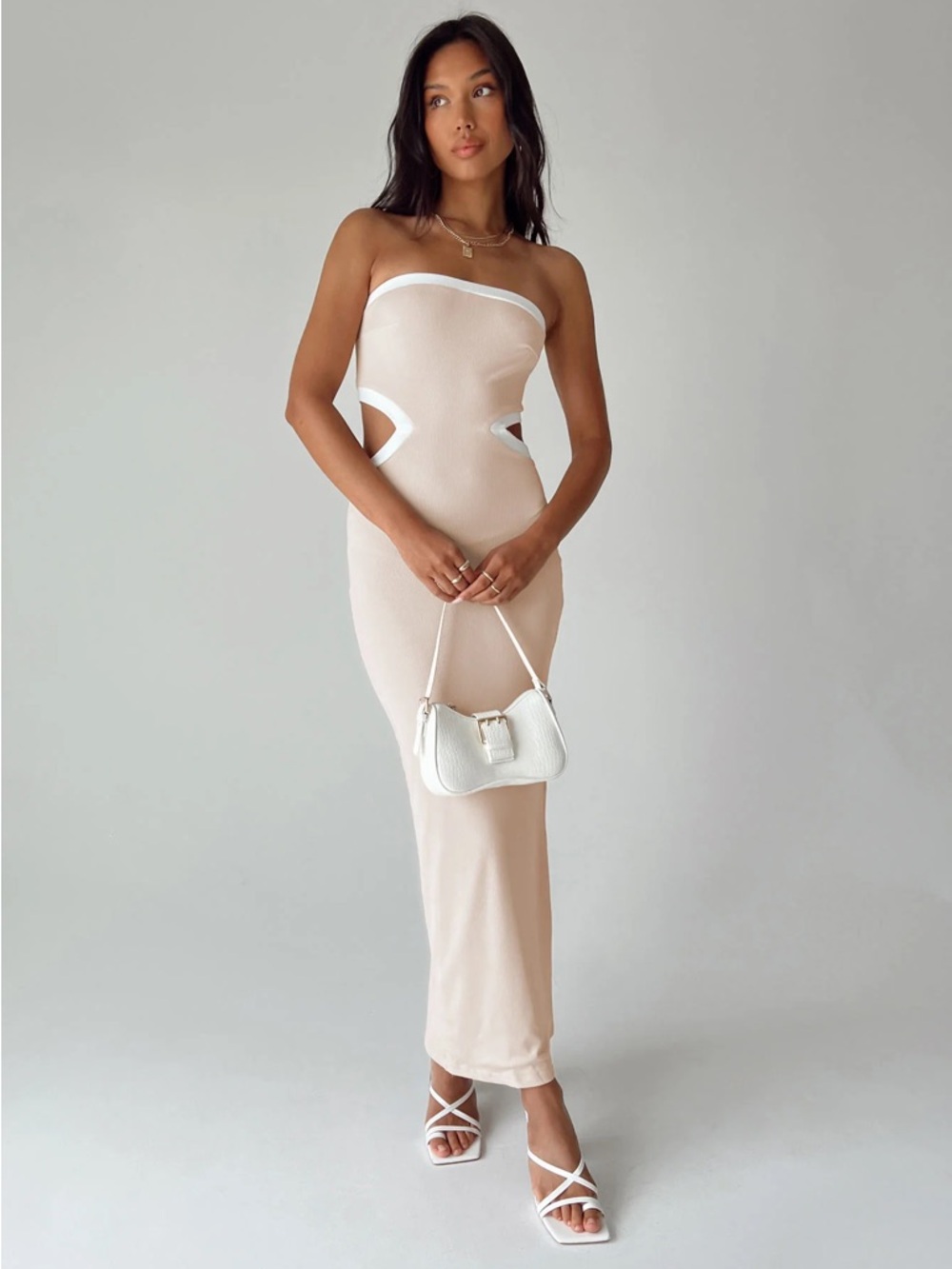 Princess Polly Greta Strapless Cutout Maxi Dress in Blush with White Trim